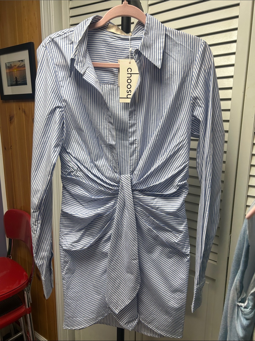 Choosy Blue Stripe Tie-Front Shirt Dress
